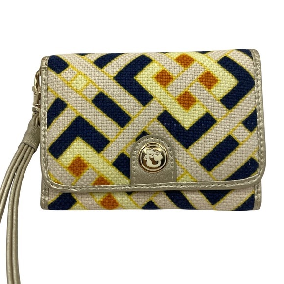 Spartina 449 Handbags - Spartina Retro Geometric Bifold Wallet Wristlet Natural Linen Leather Trim.